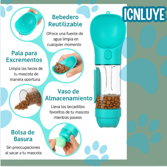 BOTELLA MULTIUSOS PARA MASCOTAS 3 EN 1