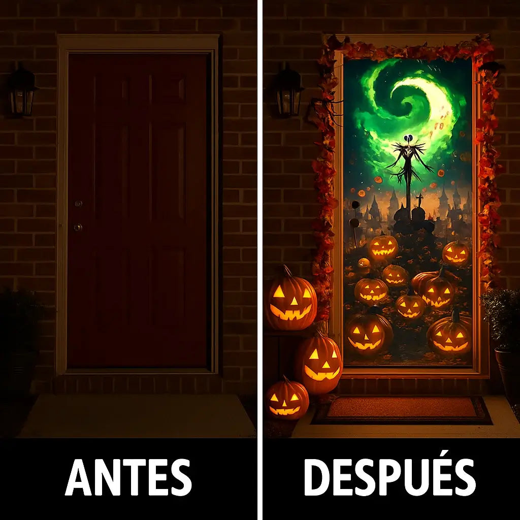 🎃FUNDA DECORATIVA DE PUERTA HALLOWEEN👻 ✨ ¡Transforma tu entrada en segundos y sorprende a todos este octubre!