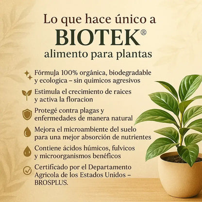 🌱 BIOTEK®  – ALIMENTO NATURAL PARA PLANTAS.  Revive, nutre y protege tus plantas con una fórmula 100% orgánica y certificada.
