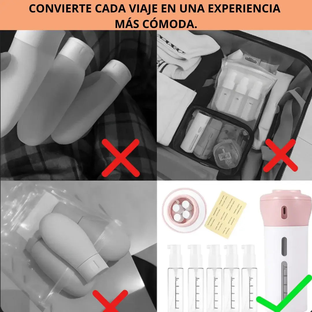 KIT DISPENSADOR 4 en 1 PARA VIAJES, SMART TRAVEL.